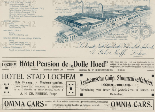 Advertisements, album page, Advertisements for, among others, De Eerste Nederlandsche Kroonlederfabriek c, h Gebrs Naeff, Hôtel Pension de Dolle Hoed, Hotel Stad Lochem, Lochemsche Coöp Stoomzuivelfabriek and Omnia Cars. This page is part of an album., Netherlands, in or after 1908, paper, printing, height 240 mm x width 324 mm, advertising, The image shows a printed page with a detailed monochrome illustration of a large industrial complex with multiple long factory buildings, tall smokestacks, a railway siding with railcars, and a waterfront with piers, all rendered in fine linework; decorative crests and ornate calligraphic flourishes appear near the illustration; below the illustration are several horizontal bands containing typographic blocks and advertising layouts with bold headline-style lettering, framed boxes, ornamental separators, and small square graphic motifs; the overall palette is a pale paper background with blue-toned ink used for the drawing and darker ink for the p...