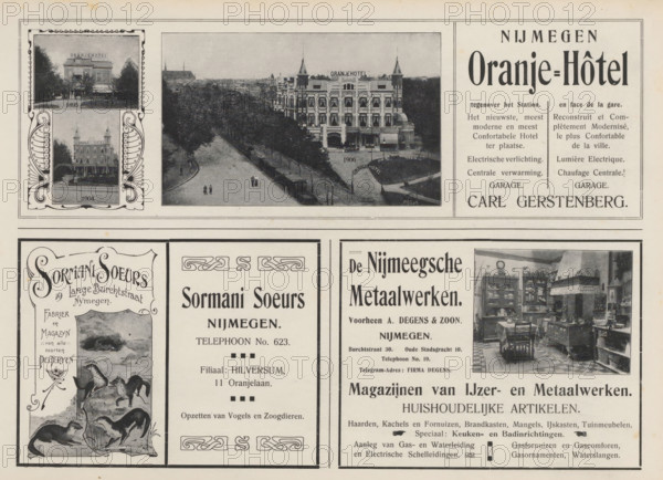 Advertisements, album page, reproduction, photomechanical print, Advertisements for, among others, Oranje-Hôtel Nijmegen, Sormari Soeurs and the Nijmeegsche Metaalwerken. An image is included next to some advertisements. This page is part of an album., Netherlands, in or after 1908, paper, printing, autotype, height 240 mm x width 324 mm, interior of the house, advertising, hotel, hostelry, inn, beasts of prey, predatory animals: mink, The image shows a printed page with a large rectangular panel at the top containing three small black-and-white photographic images of a grand multi-story building and a tree-lined street, framed decorative borders around the smaller photos, and a tall column of typographic headings and blocks to the right; below this panel are several rectangular advertisement panels separated by dark borders, one with stylized decorative lettering and an illustrated scene of animals in a framed vignette, another with a centered column of text and ornamental corner moti...