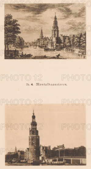 Two views of the Montelbaan Tower in Amsterdam, one of which is a reproduction of a print by Simon Fokke, No. 4. Montelbaan Tower, reproduction, photomechanical print, These prints are part of an album., after print by, publisher: Johan Marinus Schalekamp, Amsterdam, 1890 - 1900, paper, collotype, photogravure, height 348 mm x width 250 mm, height 96 mm x width 140 mm x height 106 mm x width 139 mm, canals, waters (in city) (city(-scape) with figures, staffage), tower, clock tower, monumental adornment, Montelbaan Tower, A vertical sheet showing two sepia-toned images of a waterfront tower and surrounding buildings separated by blank space, with stylized printed lettering between the images; the top image is an etching-like scene of a tall ornate tower beside water with boats, trees along the banks, a small bridge, and figures in boats and on the shore under a cloudy sky; the bottom image is a photographic view of a cylindrical tower with clock faces next to rows of buildings, a bridge...