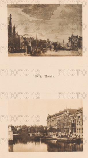 Two views of the Rokin in Amsterdam, one of which is a reproduction of a print by Hendrik Spilman after Jan de Beijer, No. 9. Rokin, reproduction, photomechanical print, These prints are part of an album., after print by Hendrik Spilman, after drawing by Jan de Beijer, publisher: Johan Marinus Schalekamp, Amsterdam, 1890 - 1900, Hendrik Spilman, after print by, paper, collotype, photogravure, height 348 mm x width 250 mm, height 96 mm x width 135 mm x height 97 mm x width 136 mm, church (exterior), street (city(-scape) with figures, staffage), Noorderkerk, A vertical page with two sepia-toned images of a canal scene separated by empty space, the upper image showing a wide view of a waterway lined with buildings and a sky filled with clouds, and the lower image depicting a closer view of a canal with reflected buildings along the right bank and various rooftops and architectural facades visible along the horizon.