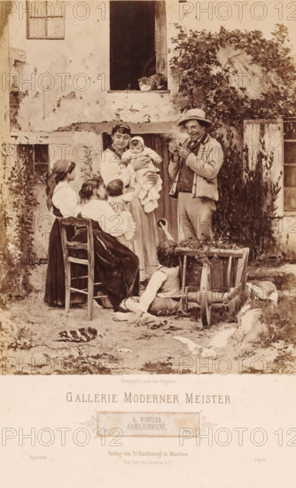 Reproduction of painting 'Familienscene' by Adolf Echtler (1843-1914), Gallerie Moderner Meister, photograph, Italianate family scene by the genre painter Adolf Echtler (1843-1914), father Eduard Echtler was a painter and photographer., caption: 'Photographie nach dem Originale., GALLERIE MODERNER MEISTER, A.Echtler., FAMILIENSCENE., 1211, 1879., Verlag von Franz Hanfstaengl in Munich., registered New-York, Geo.Kirchner & Co. Déposé.', signature: 'Ad. Echtler ...?', photographer: Franz Hanfstaengl Kunstverlag A.-G., Munich, in or after 1879 - c. 1890, Bavaria, pasteboard, paper, albumen print, height 240 mm x width 193 mm, height 478 mm x width 319 mm, A group of people gathered outside a worn building with a window and an open dark doorway shows a seated woman on a wooden chair facing slightly away, a standing woman holding a baby wrapped in cloth, a man wearing a hat and jacket who is lighting or holding a pipe, a child leaning back against a wooden cart and reaching up, and another ...