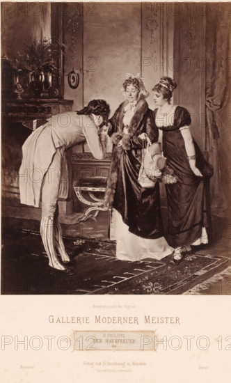 Reproduction of painting 'Der Hausfreund' by H. Phillipps, Gallerie Moderner Meister, photograph, Genre scene with two ladies and a man., caption: 'Photographie nach dem Originale., GALLERIE MODERNER MEISTER, H.Phillipps., DER HAUSFREUND., registered Verlag von Fr. Hanfstaengl in Munich, Vervielfältigung vorbehalten, Déposé', photographer: Franz Hanfstaengl Kunstverlag A.-G., Munich, c. 1880 - c. 1900, Bavaria, pasteboard, paper, albumen print, height 232 mm x width 190 mm, height 478 mm x width 319 mm, An interior scene showing three people in period clothing standing on a patterned rug in front of paneled walls and heavy drapery; a man in a long coat and striped stockings is bent forward, kissing the hand of an older woman who wears a dark fur-trimmed cloak and a bonnet, while a younger woman in a dark dress with a lace-trimmed bodice stands beside them holding a hat and a small bag, her free hand lifting part of her skirt; behind them a wooden mantelpiece with vases and foliage is v...