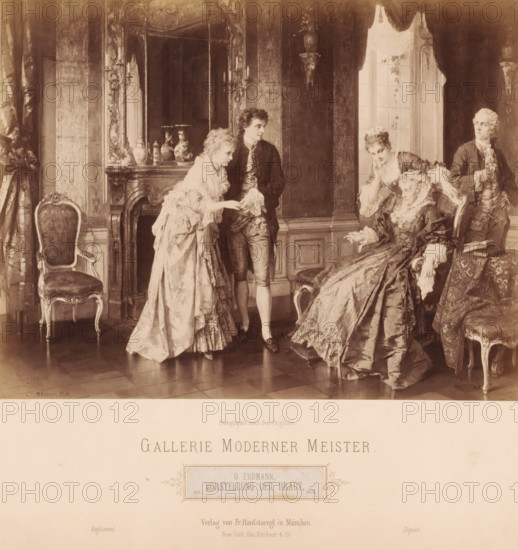 Reproduction of painting 'Vorstellung der Braut' by Otto Erdmann (1834-1905), Gallerie Moderner Meister, photograph, Genre scene with five people in an interior., caption: 'Photographie nach dem Originale., GALLERIE MODERNER MEISTER, O.ERDMANN. VORSTELLUNG DER BRAUT 631, 1878, Verlag von Fr. Hanfstaengl in Munich, New York, Geo. Kirchner & Co., Registered, Déposé', photographer: Franz Hanfstaengl Kunstverlag A.-G., Munich, in or after 1878 - c. 1900, Bavaria, pasteboard, paper, albumen print, height 321 mm x width 481 mm, height 478 mm x width 319 mm, A sepia-toned interior scene showing ornate wall paneling and drapery, a carved fireplace mantel topped with decorative vases, and a tall window with light streaming through; in front of the fireplace stand a man in period clothing and a woman in a voluminous dress holding his hand, while to their right an older woman in an elaborate gown sits in a chair with a younger woman leaning on the chair back and a man standing nearby, all wearing...