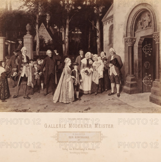 Reproduction of painting 'Der Kirchgang' by H. Salentin, Gallerie Moderner Meister, photograph, Churchgoers in front of a church., caption: 'Photographie nach dem Originale., GALLERIE MODERNER MEISTER, H. SALENTIN, DER KIRCHGANG, 537., Verlag von Fr. Hanfstaengl in Munich, Verfielfältigung vorbehalten., Registered, Déposé', photographer: Franz Hanfstaengl Kunstverlag A.-G., Munich, c. 1875 - c. 1900, Bavaria, pasteboard, paper, albumen print, height 173 mm x width 250 mm, height 319 mm x width 480 mm, A group of people stands outside a stone building with an arched doorway and decorative columns, surrounded by trees and a distant house; the figures include men in formal coats and breeches, women in dresses and aprons, and children in period clothing, with some holding hats, a book, and an infant, while a carved relief sits above the doorway and a tall ornate pillar and wrought metal door detail are visible at the entrance.