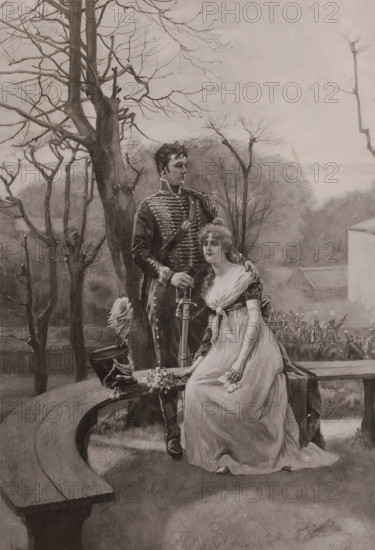 Reproduction of painting 'Trennungsstunde' by R. Eichstadt, Gallerie Moderner Meister, photograph, Genre scene of a man and woman holding each other on a bench in a landscape or garden., caption: 'R. Eichstadt, TRENNUNGSSTUNDE, Copyright 1897 by Franz Hanfstaengl., Registered, FRANZ HANFSTAENGL KUNSTVERLAG, MÜNCHEN, Déposé', photographer: Franz Hanfstaengl Kunstverlag A.-G., Munich, in or before 1897, Bavaria, pasteboard, paper, albumen print, height 265 mm x width 188 mm, height 489 mm x width 370 mm, A monochrome scene shows a man in a military-style uniform standing beside a seated woman in a flowing dress; the man has a hand resting on the woman's shoulder and holds a sword with the other, while the woman looks slightly away with a calm expression and holds a small bouquet. They are positioned on a curved stone bench or balustrade with a hat and plume set nearby. Leafless trees with bare branches rise behind them against a misty, distant landscape. The ground and surrounding area a...