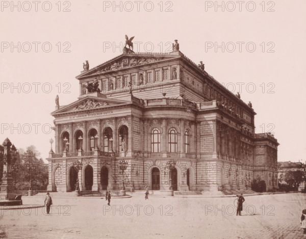 Alte Oper', Frankfurt am Main, Germany, photograph, View of the opera house on a square. The building, designed by architect Richard Lucae (1829-1877), was opened in 1880 in the presence of Kaiser Wilhelm I. On March 23, 1944, it was largely destroyed but has been rebuilt., caption: 'Opera. Frankfurt.', in or after 1880 - c. 1895, photographer, pasteboard, paper, albumen print, height 208 mm, width 267 mm x width 330 mm, height 513 mm, A large classical stone building with ornate columns, arches, statues, and sculptural reliefs along its facade and roofline sits on a paved open area, with multiple arched windows and balustraded terraces; decorative lampposts stand near the entrance and small groups of people are walking or standing in the foreground, one person holding a hoop, while trees and additional architectural details appear at the edges of the scene.