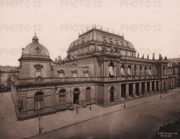 Exhibition building and next to it the 'Concert-Haus', Frankfurt am Main, Germany, photograph, View from the left from an elevated vantage point of the exhibition building and to the left of it the 'Concert-Haus' in Frankfurt am Main, Germany. The building by Frankfurt architects Heinrich Burnitz and Oskar Sommer was opened in 1879., inscription: 'A. 609 Frankfurt a, M., Börse 1892', caption: 'Post office. Frankfurt', 1892, photographer, pasteboard, paper, albumen print, height 212 mm x width 272 mm, height 513 mm x width 330 mm, Hessen, A large ornate stone building occupies the scene with a series of domed and mansard roofs, decorative balustrades, sculpted figures along the roofline, and ornamental cornices; the façade features tall arched windows with awnings, a colonnaded portico with large columns, carved reliefs and decorative keystones above entrances, and a corner pavilion topped by a circular windowed dome; the street in front is paved and largely empty, showing a few cast ir...