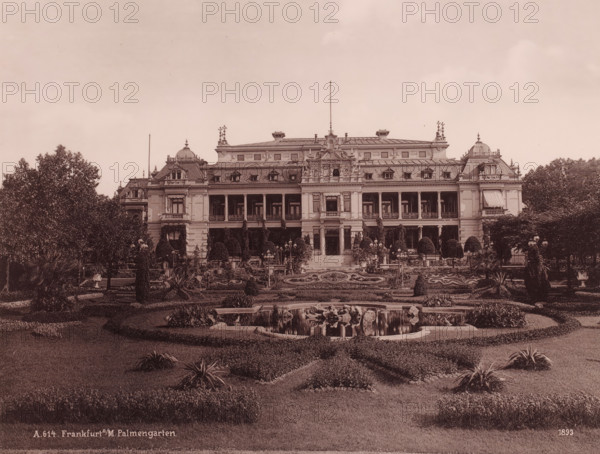 The 'Gesellschaftshaus' in the 'Palmengarten', Frankfurt am Main, Germany, photograph, The 'Gesellschaftshaus'in the 'Palmengarten' - this botanical garden was founded in 1868, and opened on March 16, 1871., date: '1893', inscription: 'A. 614. Frankfurt a, M. Palmengarten.', 1893, photographer, pasteboard, paper, albumen print, albumendruk, height 206 mm x width 270 mm, height 508 mm x width 330 mm, Hessen, A large ornate building with a symmetrical façade and multiple windows is centered behind a formal garden, featuring terraces, trimmed shrubs, and decorative lamp posts; the building has a mansard-style roof with dormer windows, ornamental sculptures and balustrades along the upper edges, and a central entrance with steps leading down to the garden; in front of the building a landscaped area includes patterned flowerbeds, clipped hedges, and a pond with rocks and water reflections, while mature trees and additional plantings frame the scene on both sides.