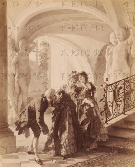 Reproduction of painting 'Liebesdienste' by Otto Erdmann, Gallerie Moderner Meister, photograph, Genre scene of two women by a staircase, and a man giving one of the women a hand kiss. In the background, arcades of a building, supported by large marble statues., caption: 'Photograph after the original., GALLERIE MODERNER MEISTER, O. ERDMANN, LIEBESDIENSTE., 798., 1881, Verlag von Fr. Hanfstaengl in München, New York, Geo Kirchner & Co.., Registered, Déposé', photographer: Franz Hanfstaengl Kunstverlag A.-G., München, c. 1881 - c. 1900, Bavaria, Munich, pasteboard, paper, albumen print, height 242 mm x width 198 mm, height 320 mm x width 483 mm, A softly lit interior scene showing three elaborately dressed women in layered, ruffled gowns standing near a decorative wrought iron staircase, one holding a folding fan and another leaning slightly toward a man who is bowing and offering his hand while holding a small object; the man wears a coat with ornate cuffs and knee breeches. The backgr...