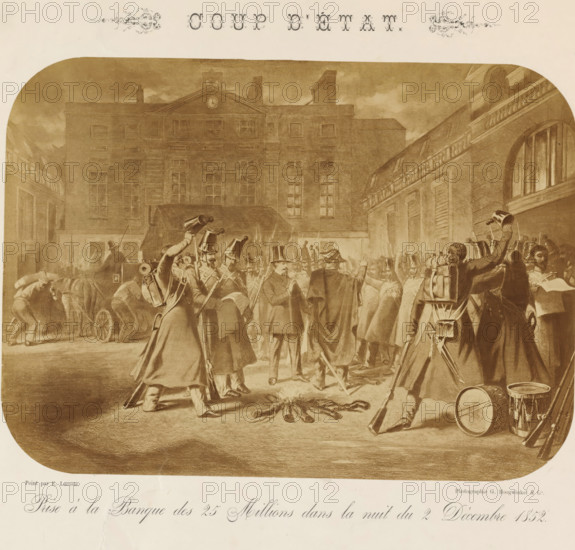 Photo reproduction of the painting Coup d'etat by E. Lacoste, Coup d'etat. Prize à la banque des 25 millions dans la nuit du 2 décembre 1852, photograph, reproduction, stamp: 'BOEKHANDEL, F. GUNST, AMSTERDAM', photographer: Gerrit Hoogwinkel Jr., Netherlands, after painting by Pierre Eugène Lacoste, 1852 - 1890, pasteboard, paper, albumen print, height 221 mm x width 305 mm, height 466 mm x width 540 mm, picture, painting, A sepia-toned scene of a crowded street in front of a multi-story building with tall windows and a triangular pediment, flanked by other architectural facades with arches and balustrades, with a group of uniformed figures in coats and tall hats clustered in the foreground carrying rifles and drums, some raising their hats or hands, a small fire burning on the ground near scattered clothing, a cart and figures working near its wheels at the left, and various onlookers and soldiers filling the space beneath a cloudy sky.