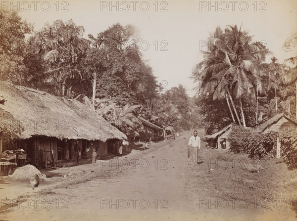 Veyangoda, Sri Lanka, photograph, Street with thatched houses on either side and a posing man with a horse and a folded umbrella., number: '1129', caption: 'Veangoda', name: 'Skeen & Co.', photographer: WLH Skeen & Co., c. 1870 - c. 1900, South Asia, paper, albumen print, height 205 mm x width 273 mm, A wide dirt road runs through a village with thatched-roof huts lining both sides, dense tropical trees and tall palm trees rising behind the huts, people standing or moving near the huts and along the road, a person in the foreground holding two long objects and facing the camera, simple wooden structures and open shoplike areas under the thatch, scattered small items on the ground, and foliage and undergrowth filling spaces between buildings.