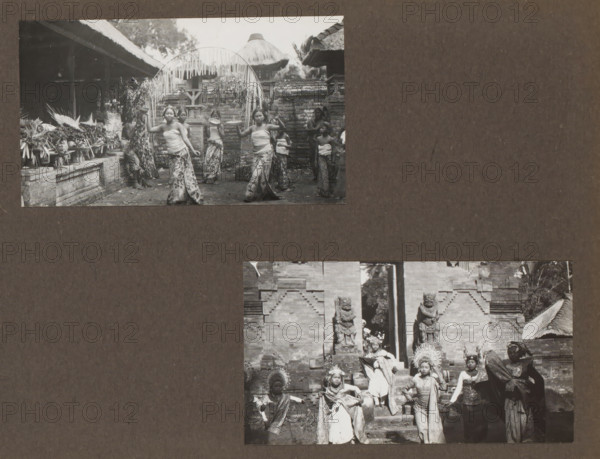 Two shots of a traditional dance, performed by children, album page, photograph, c. 1950 - c. 1960, photographer, paper, gelatin silver print, developed gelatin silver print, height 226 mm x width 289 mm, boy (child between toddler and youth), adolescent, young woman, maiden, girl (child between toddler and youth), ritual music and dancing, non-Christian religions, Dutch East Indies, The, A dark brown background with two black and white rectangular photographs mounted on it, the upper photograph showing a group of young people standing and performing in front of a brick wall and thatched roof structures, some wearing patterned skirts and wrapped tops and holding round trays, with decorative foliage and arching fronds overhead and arrangements on a low brick ledge to the left, and the lower photograph depicting several figures wearing ornate headpieces and traditional garments posed on stone steps between carved stone statues and brick architecture.
