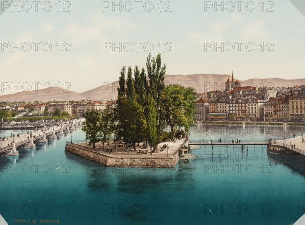 Geneva, Île Rousseau in Geneva, album page, photomechanical print, This print is part of an album., inscription: '9393. PZ- Genève', inscription: 'Photochrom', Genève, cliché maker: Photochrom Zürich, Zürich (city), 1889 - 1900, photographer, paper, photochrom, height 166 mm x width 225 mm, island, city-view in general, 'veduta', Ile Rousseau, A wide river with turquoise water flows through a city, bordered by stone embankments and bridges, with a tree-covered triangular island at the center where people sit on benches under tall leafy trees; multi-story buildings with varied roofs and a church with a tall spire line the far bank, and distant hills and a pale sky form the background.