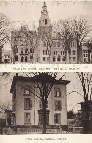 Yale Medical School, Yale Law School, page, photomechanical print, photographer: James Notman, New Haven, cliché maker: anonymous, c. 1872 - in or before 1882, North America, Connecticut, paper, collotype, photoprint, height 190 mm x width 136 mm, Prints opposite page 98., facade (of house or building), university, Yale University, A vertically split sepia photograph shows an upper view of a large Gothic-style public building with a central clock tower and pointed arched windows, flanked by leafless trees whose bare branches extend across the façade; below that, a separate image shows a rectangular three-story house with tall shuttered windows and a columned entrance, a tall bare tree standing directly in front of it and a low fence along the sidewalk.