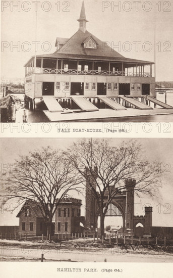 Yale boat-house, Hamilton Park, page, photomechanical print, photographer: James Notman, New Haven, cliché maker: anonymous, c. 1872 - in or before 1882, North America, Connecticut, paper, collotype, photoprint, height 190 mm x width 136 mm, Prints opposite page 114., public gardens, park, facade (of house or building), boat-house, shed, Yale University, A sepia-toned image showing two stacked photographs separated by a narrow blank band; the upper photograph depicts a wooden waterfront building on stilts with a steep roof and a central spire, a wraparound covered porch with railing, multiple boathouse doors opening toward a dock with sloping ramps, and calm water beneath; the lower photograph shows a park entrance with a large arched stone gateway flanked by towers, leafless trees with spreading branches in front of adjacent buildings, a fence and posts along a dirt road, and distant houses visible through the arch.