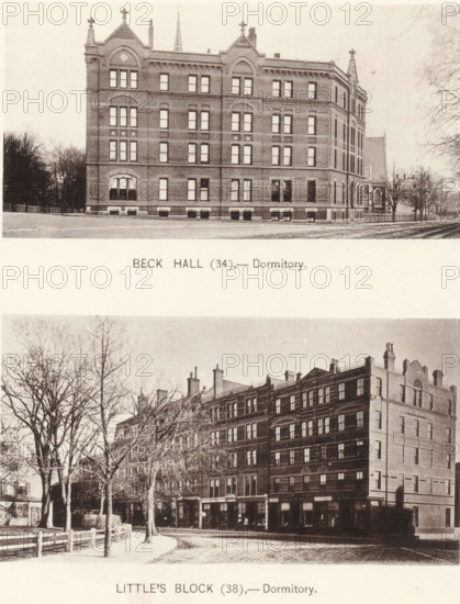 Little's Block, Beck Hall, page, photomechanical print, number: '(34) (38)', Cambridge (MA), c. 1881 - in or before 1886, North America, Massachusetts, paper, collotype, photoprint, height 168 mm x width 126 mm, Prints opposite page 70., facade (of house or building), university building, college, Harvard College, A vertical image showing two separate sepia-toned photographs of large brick dormitory buildings, one above the other, separated by a blank band; the upper photograph depicts a rectangular multi-story brick building with decorative roofline elements, many windows arranged in regular rows, a small fenced lawn and leafless trees at the edges, and a paved street in front; the lower photograph shows a longer multi-story brick block with retail storefronts at street level, rows of windows above, bare trees lining a curved roadway, a wooden fence along the sidewalk, and a mix of shadows and light across the facades.