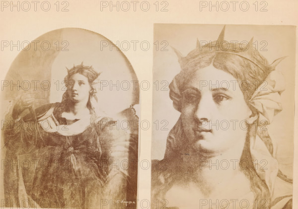 Two photo reproductions of a painting depicting Saint Barbara, Venezia -Barbara- Palma Vecchio, photograph, reproduction, page, photographer: Carlo Naya, after painting by Jacopo Palma (il Vecchio), c. 1882 - in or before 1887, paper, albumen print, albumendruk, height 150 mm x width 206 mm, Photos for page 111., the virgin martyr Barbara, possible attributes: book, cannon(ball), crown, cross, chalice with wafer, Dioscuros (her father), peacock feather, sword, torches, mason's tools, tower, Two sepia-toned illustrations of a woman wearing a crown and draped garments are placed side by side against a pale background; the left image shows the woman standing with a rounded top framing, a flowing dress, a sash across her chest, long hair, and a small crown with pointed spikes, while the right image is a closer, cropped view of the woman's face and upper torso with detailed hair, the same spiked crown, a draped cloth around her head, and soft shading on the facial features.