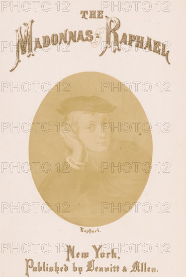 Raphael, Photo reproduction of a print depicting a portrait of Raphael, photograph, reproduction, page, photographer: E. Hufnagel, after print by anonymous, c. 1855 - in or before 1860, after print by, paper, albumen print, albumendruk, height 112 mm x width 89 mm, Photo on title page., Person, Rafaël, portrait, self-portrait of artist, A pale, aged page shows an oval sepia-toned portrait of a young person wearing a soft hat, resting their head on one hand with a contemplative expression, framed by long hair and a visible cuff at the wrist; ornate decorative lettering is embossed above and below the oval, and the background of the page is a light, slightly speckled paper.