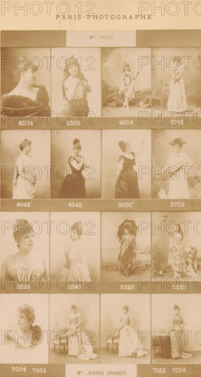 Sixteen portraits of Louise Théo and Jeanne Granier in various theater roles, photograph, page, number: '4234, 7056', inscription: 'Madame Théo, Madame Jeanne Granier, ', photographer: Félix Nadar, Paris, c. 1882 - in or before 1892, paper, albumen print, height 180 mm x width 105 mm, Person, Louise Théo, Jeanne Granier, stage costume, portrait of opera-singer, A vertically oriented sepia sheet displaying a grid of portrait and full-length photographs of women arranged in rows and columns, each image set within rectangular panels separated by horizontal bands; the women wear a variety of period dresses, gowns, and hats, with some posed standing, seated, or in profile, and a few holding props such as parasols or flowers; the background alternates between plain studio backdrops and painted scenic backdrops, and decorative chairs appear in some panels; the top of the sheet includes a heading in capital letters, and a small rectangular label beneath it contains a short name; beneath many p...