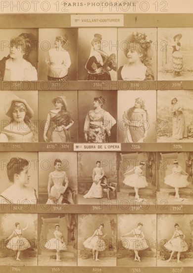 Twenty portraits of Marguerite Vaillant-Couturier and Julia Subra, photograph, page, number: '3802 A, 8039B', inscription: 'Mademoiselle Vaillant-Couturier, Madame Subra de l'Opéra, ', photographer: Félix Nadar, Paris, c. 1882 - in or before 1892, Félix Nadar, photographer, paper, albumen print, height 179 mm x width 136 mm, Person, Julia Subra, Marguerite Vaillant-Couturier, stage costume, portrait of opera-singer, A sepia toned photographic collage arranged in a grid of rectangular portrait panels showing women in period clothing and theatrical costumes, many wearing hats or headpieces and posed in studio settings; the top row features close portrait busts and a full-length figure in a long dress standing outdoors, the middle rows include three-quarter and full-length poses with women in draped garments, shawls, and decorative bodices often with hands on hips or holding props, and the lower rows show women in formal gowns and ballet costumes posed on stage or in studio backdrops, som...