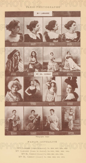 Sixteen portraits of actresses, page, photomechanical print, From left to right and from top to bottom: Mlle Lamarre and Mlle Bl. Cernay., number: '10183, 10759', inscription: 'Mlle Lamarre, Mlle Bl. Cernay, ', photographer: Félix Nadar, Paris, cliché maker: anonymous, c. 1883 - in or before 1893, paper, collotype, photoprint, height 177 mm x width 108 mm, portrait of actor, actress, A vertical album page showing a grid of portrait photographs of women arranged in rows and columns, each portrait framed by a narrow border and separated by darker horizontal bands; the women display a variety of poses and costumes including upturned profiles, three-quarter and frontal views, headwear such as hats and a fur headpiece, hairstyles gathered into buns and loose waves, and accessories like necklaces, collars, and a bird perched on a gloved hand; some images show seated poses on rocks or draped fabric and one shows a woman standing in a long costume with hands raised behind her head; the page ha...