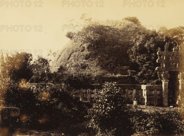 The Great Stupa at Sanchi, Madhya Pradesh, India, photograph, page, inscription: 'SANCHI. PLATE IV., NORTHERN VIEW OF TOPE.', photographer: James John Waterhouse, Sanchi, c. 1863 - in or before 1868, Central India, paper, albumen print, height 182 mm x width 240 mm, Photo four pages before page 100., trees, places and objects of worship, Hinduism, Buddhism, Jainism, A sepia-toned scene shows a large, rounded mound covered in grass and scattered trees, with dense foliage surrounding its slopes; in front of the mound are stone structures including a low wall and a taller carved gateway with horizontal beams and decorative sculpted figures, and two small human figures stand near the base of the gateway; the foreground contains thick undergrowth and bushes, and the sky above is pale and empty.