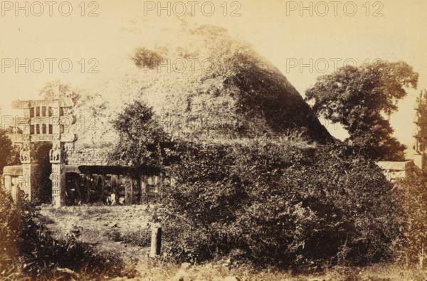 The Great Stupa at Sanchi, Madhya Pradesh, India, photograph, page, inscription: 'SANCHI. PLATE V., EASTERN VIEW OF TOPE.', photographer: James John Waterhouse, Sanchi, c. 1863 - in or before 1868, Central India, paper, albumen print, height 184 mm x width 267 mm, Photo two pages before page 100., trees, places and objects of worship, Hinduism, Buddhism, Jainism, A sepia-toned photograph shows a large grassy mound or dome rising in the center background, partially covered with vegetation and small trees at its summit and slopes, with a darker shaded area on one side. In the left foreground stands a carved stone gateway with horizontal lintels and vertical supports decorated with sculpted figures and ornamental patterns; a low stone wall or platform extends nearby. Dense shrubs and bushes fill the middle and foreground, interspersed with patches of grass and a short cylindrical stone post. To the right, tall leafy trees frame the scene and cast shadowed areas, while stone structures and...