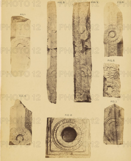 Eight fragments of pillars, Amaravati, Andhra Pradesh, India, photograph, page, inscription: 'AMRAVATI. PLATE XC.', inscription: 'FRAGMENTS OF PILLARS., SCALE 1 INCH TO 1 FOOT.', photographer: William H. Griggs, c. 1863 - in or before 1868, South India, paper, albumen print, height 241 mm x width 194 mm, Photo two pages after page 210., column, pillar, architecture, Hinduism, Buddhism, Jainism, A vertical sheet showing multiple narrow photographs of carved stone fragments arranged in columns and rows, each fragment displaying circular rosette and arch motifs, textured weathered surfaces, and chipped edges; the fragments vary in shape with some long and slender and others short and blocky, featuring repeating carved petal patterns, concentric rings around a recessed circular opening, rectangular borders, and decorative panels with floral and geometric relief; the background is a pale uniform tone and the images are evenly spaced across the page.
