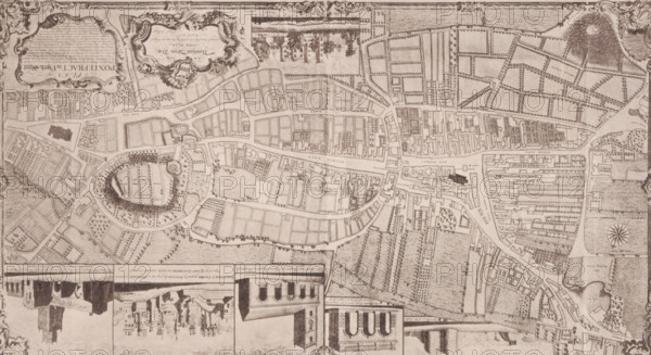 Reproduction of a map of Pontefract, reproduction, page, photomechanical print, cliché maker: Autotype Company, The (possibly), after print by anonymous, c. 1882 - in or before 1887, photographer, clichémaker, after print by, paper, collotype, photoprint, height 106 mm x width 184 mm, maps of cities, Pontefract, A detailed sepia-toned map fills the image, showing a network of streets, irregular blocks, open rectangular parcels, and landscaped areas with rows of small tree symbols and dotted textures indicating open ground. There is an oval-shaped enclosure with concentric pathways and a circular feature near its edge, surrounded by smaller plot divisions and tree symbols. Numerous tightly packed building outlines line several main linear thoroughfares, with clusters of denser blocks contrasted by larger empty lots. Decorative cartouches and ornamental flourishes appear near the corners and edges, and small vignette-style architectural drawings run along the bottom edge, including façad...