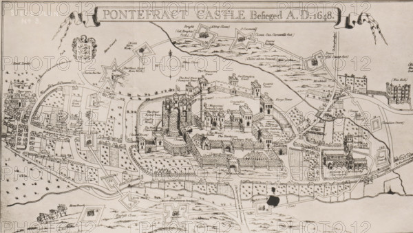 Reproduction of a print of a siege plan of the Siege of Pontefract, reproduction, page, photomechanical print, cliché maker: Autotype Company, The (possibly), after print by anonymous, c. 1882 - in or before 1887, photographer, after print by, paper, collotype, photogravure, height 105 mm x width 181 mm, Print on fourth unnumbered page after page 412., siege, maps of cities, Siege of Pontefract, Pontefract, A wide, detailed black-and-white historical map shows a fortified castle complex with concentric walls, multiple towers of various shapes, and a central cluster of circular keep towers on raised ground. Surrounding the castle are rows of small buildings and houses, enclosed courtyards, orchards with regularly spaced trees, and rectangular garden plots. Star-shaped earthworks and angular bastions appear on the outskirts, connected by winding roads and pathways that cross open fields. Small clusters of clustered houses and church buildings with steeples sit beyond the walls, and sever...