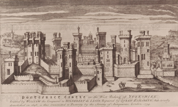 Reproduction of a print of a view of Pontefract Castle, reproduction, page, photomechanical print, cliché maker: Autotype Company, The (possibly), after print by anonymous, c. 1882 - in or before 1887, photographer, clichémaker, after print by, paper, collotype, photoprint, height 114 mm x width 185 mm, castle, Pontefract, A detailed ink drawing of a large fortified castle complex with multiple tall stone towers, battlements, and curtain walls stretching across the scene, set against a sky with layered cloud bands. The castle shows a variety of architectural elements including crenellated towers, rounded turrets, narrow windows, arched gateways, and stairways, with smaller buildings clustered inside and outside the walls. In the foreground inside the outer walls there are a few small human figures and a horse near an open area, and animals lying on the ground. To the left and right of the main fortress are hillside areas with additional buildings and a distant cluster of structures on ...