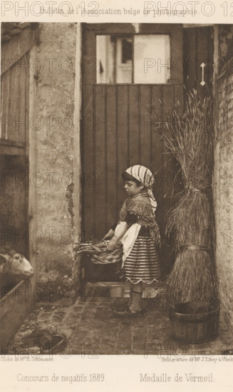 View of a girl with a basket near a goat, page, photomechanical print, inscription: 'Bulletin de l'Association belge de photographie, Concours de negatifs 1889 Medaille de Vermeil', maker: Henri Schleusner, maker: Josef Löwy, c. 1885 - in or before 1890, Henri Schleusner, Josef Löwy, paper, photoaquatint, height 152 mm x width 108 mm, girl (child between toddler and youth), goat, container made of plant material other than wood: basket, A sepia-toned photograph of a young girl standing in a narrow doorway area, facing left and holding a woven basket with vegetables. She wears a striped headscarf tied at the back, a shawl over her shoulders, a striped skirt with a patterned hem, socks, and shoes. Behind her is a vertically paneled wooden door and a tall bundle of tied stalks leaning against the wall. To the left is a rough textured wall with an opening where a sheep's head is visible, looking toward the girl. The ground is a worn stone or brick floor with a pair of slippers nearby and a...
