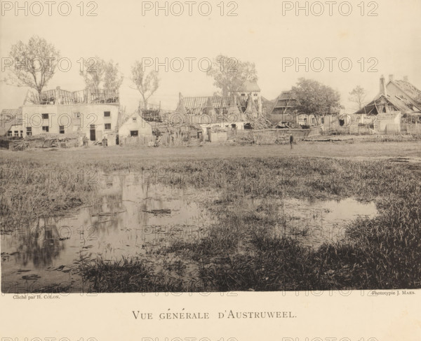 View of Oosterweel with destroyed houses after an explosion of a munitions factory in 1889, Vue générale d'Austruweel, page, photomechanical print, number: '11', photographer: Henri Colon, Oosterweel, cliché maker: anonymous, Belgium, printer (person): J. Maes (possibly), Antwerp, publisher: J. Maes, 1889, Henri Colon, J. Maes, photographer, cliché maker, printer (person), publisher, paper, collotype, photoprint, height 165 mm x width 230 mm, Image on page 11., ruin of a building, architecture, Explosion of a munitions factory in Oosterweel in 1889, A wide, sepia-toned scene shows a row of damaged buildings with exposed wooden roof frames and missing roof sections, interspersed with trees behind and between the structures; in front of the buildings there are scattered fences, piles of debris, and small figures of people standing or sitting near doorways; the foreground is dominated by marshy grassland and shallow water with reflections of the buildings and vegetation, and a lone person...