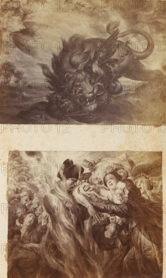 Photo reproduction of Scene from Hell by Antoine Wiertz, photograph, reproduction, page, photographer: Edmond Fierlants, after painting by Antoine Joseph Wiertz, c. 1863 - in or before 1868, paper, albumen print, albumendruk, height 105 mm x width 128 mm, representations of hell (with the damned and devils), usually with burning fires, A vertical image showing two separate sepia-toned scenes separated by a horizontal blank band. The upper scene depicts a large, roaring lion head with a flowing mane and bared teeth, a winged bird perched near its face, and a curling tail or serpentine form behind it, all set against a cloudy landscape. The lower scene shows a crowded group of figures in dynamic poses reaching and grasping toward a central, shrouded standing figure who faces left and wears a dark hat, with expressive faces and gestures layered around the central interaction and swirling drapery and smoke-like forms enveloping parts of the composition.