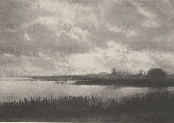 Impression de Pluie sir le Lac de Chiem, View of the Chiemsee, page, photomechanical print, inscription: 'Association belge de Photographie 1889.', photographer: Hugo Henneberg, Chiemsee, cliché maker: Blechinger & Leykauf, Vienna, c. 1894 - in or before 1899-04, printer (person), Bavaria, Lower Austria, paper, photoaquatint, height 113 mm x width 159 mm, lake, A wide grayscale landscape showing a large expanse of sky filled with soft, billowy clouds above a low, dark horizon, with a strip of water reflecting the sky and a foreground of tall, thin grasses and reeds silhouetted against the lighter surface, and a darker rounded cluster of vegetation near the horizon line.