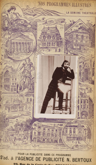 Portrait of Léon David, page, photomechanical print, c. 1895 - in or before 1900, paper, collotype, photoprint, height 84 mm x width 55 mm, Person, Léon David, historical persons, adult woman, A sepia-toned illustrated page with decorative ink drawings of buildings and figures surrounding a central photographic portrait of a seated man leaning on a chair; the portrait shows the man in dark formal clothing and patterned trousers, resting his head on one hand and holding a folded paper on his knee, mounted on a rectangular panel with a narrow border; the surrounding illustrations depict classical and ornate architectural facades, statues, banners, and framed vignettes, with a reclining female figure at the top left and various ornamental scrolls and small human silhouettes interspersed across the page.