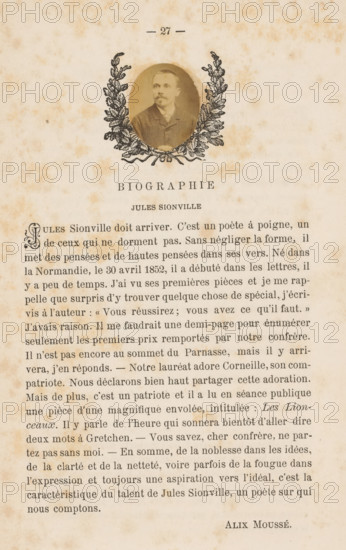 Le trouvère No 26, book, 1886-08, paper, printing, wood engraving, albumen print, height 251 mm x width 162 mm x thickness 2 mm, A aged page with brownish foxing and spotting across a light beige background, featuring a centered oval portrait of a man with short hair and a mustache wearing a dark jacket, surrounded by an ornate laurel-like wreath illustration, and blocks of printed lines of text below and around the portrait, with a bolded heading element above the lower text and a small printed signature near the bottom right.
