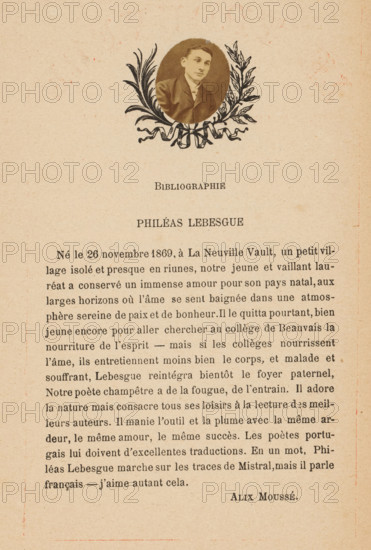 Le trouvère No 81, book, 1891-04, paper, printing, wood engraving, albumen print, height 251 mm x width 162 mm x thickness 2 mm, A sepia-toned page with aged paper texture features a small oval portrait near the top showing a young man in a suit and tie, surrounded by decorative black ink foliage and ribbon motifs. Below the portrait is a centered heading in darker type, followed by a larger centered name in bold type. The lower portion of the page contains several paragraphs of printed text in a serif font arranged in justified blocks, and a short printed signature line appears near the bottom right. The paper shows faint speckles and subtle discoloration along the edges.