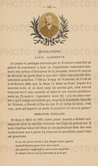 Le trouvère No 83, book, 1891-06, paper, printing, wood engraving, albumen print, height 251 mm x width 162 mm x thickness 2 mm, A vertically oriented aged paper page with an oval sepia portrait of a bearded man near the top, surrounded by decorative black ink foliage and a ribbon motif, followed below by a centered heading in a larger font and multiple paragraphs of printed text in a serif typeface filling the lower portion of the page, all on a textured beige background showing paper grain and slight darkening at the edges.