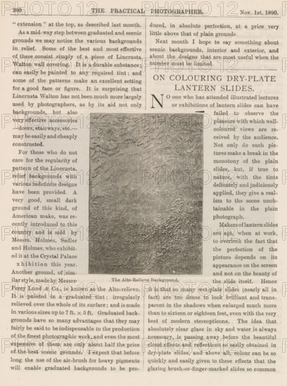 The Alto-Relievo Background, Example of a relief background, page, photomechanical print, c. 1885 - in or before 1890, paper, autotype, height 77 mm x width 54 mm, photography, A sepia-toned page from a vintage magazine showing two columns of printed text flanking a central rectangular textured image, the left and right margins filled with narrow columns of small serif type, a bold centered headline above the textured image area, and a decorative patterned rectangle in the middle with swirling embossed floral and scroll motifs; the paper shows slight aging and faint discoloration around the edges.