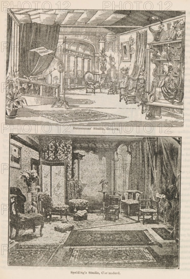 Interior of Fred Spalding's studio, Spalding's Studio, Chelmsford, page, photomechanical print, photographer: Aaron Briggs (possibly), photographer: Fred Spalding, cliché maker: anonymous, c. 1885 - in or before 1890, paper, autotypie, height 88 mm x width 114 mm, studio, Essex (county), A vertical image showing two separate interior illustrations stacked one above the other, each depicting decorated rooms with furniture and rugs; the top illustration features an open space with a high ceiling, a large draped curtain, a skylight or angled panel, a railing with balusters, potted plants, ornate chairs, a pedestal with a bust, framed artwork on the wall, shelves holding vases and decorative objects, a tall lamp or hanging light, and patterned rugs on the floor. The bottom illustration shows a cozy sitting room with upholstered chairs and footstools, decorative screens, small tables, potted plants and vases, patterned wallpaper or wall hangings, multiple layered rugs on the floor, a variet...