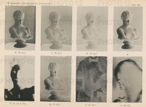 Eight examples of exposure studies, page, photomechanical print, inscription: 'd. (S. 50.) c. (S. 50.) b. (S. 63.) a., h. (S. 52 u. 66.) g. (S. 52.) f. (S. 50.) e. (S. 28.)', number: 'Taf. XI.', c. 1890 - in or before 1895, paper, collotype, photoprint, height 140 mm x width 215 mm, Prints on loose leaves. Leaves in insert sleeve at the back of the book, piece of sculpture, reproduction of a piece of sculpture, A sepia-toned page showing a grid of photographic prints featuring busts and portrait studies, each image framed by a pale border on aged paper; the top row displays four similar bust photographs of a classical female figure on a pedestal with varied contrast and exposure, the middle row shows a dark high-contrast silhouette portrait, a softer bust photograph, and a faded portrait of a person wearing a jacket with a bow, and the rightmost image in that row is a close-up partial head in profile; the paper background has slight discoloration and small spots.