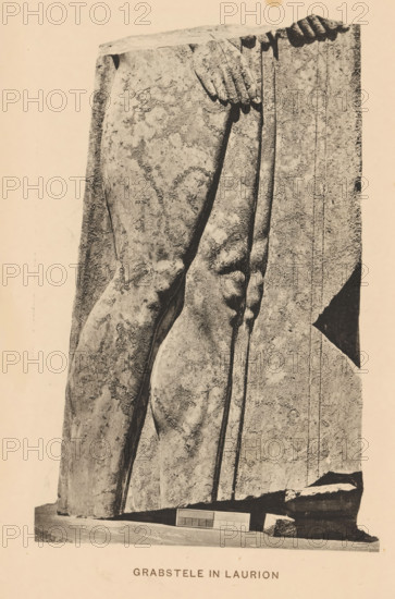 Grab stele from Laurion, Grabstele in Laurion, page, photomechanical print, inscription: 'Athen Mittheilungen 1887 Tafel X', photographer: Bruckmann, Munich, c. 1881 - in or before 1886, printer (person), Bavaria, paper, collotype, photoprint, height 181 mm x width 117 mm, Print four pages after page 276., upright gravestone, stone, building material, A close-up view of a weathered stone relief showing two human legs and hands carved in a vertical slab, with textured surfaces and visible erosion marks; the left side shows the back of a leg and buttock, the right side shows a front-facing thigh and knee, and two hands appear near the top gripping the edge of the slab; the stone rests on a flat base with scattered broken fragments beside it and a small rectangular panel on the base; the background is plain.