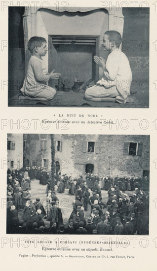 Local Festival in Corsavy (Pyrénées-Orientales), Two boys put out their shoe for Christmas and a group of people during a celebration in a square in Corsavy, France, La Nuit de Noel, page, photomechanical print, inscription: 'Preparation obtained with a Roussel object., Paper <, Perfection <, quality A. - Grosvenor, Chater et Co, 6, rue Favart, Paris.', c. 1891 - in or before 1896, paper, autotype, height 234 mm x width 152 mm, Prints on the fifth unnumbered page after page 102., public festivities, Christmas (non-liturgical celebration), boy (child between toddler and youth) (two persons), Corsavy, A vertically oriented image composed of two separate black-and-white photographs stacked with a blank margin between them. The top photograph shows two children kneeling on a rug facing each other in front of a decorative fireplace, both wearing light-colored nightclothes and holding their hands together as if in a clapping or praying gesture, with small objects on the hearth behind them an...