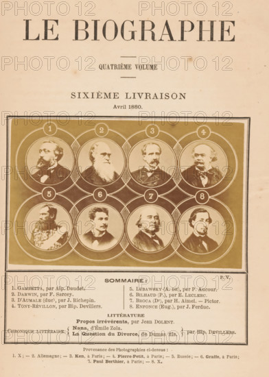 Composite group portrait of eight celebrities, photograph, page, montage photo, inscription: 'Sommaire:, Hip. Devillers.', number: '1, 8', photographer: Alexandre Ken, Paris, photographer: Pierre Petit, photographer: Emile Graffe, photographer: Paul-Marcellin Berthier, c. 1875 - in or before 1880, paper, albumen print, height 82 mm x width 130 mm, Person, Henri Eugene-Philippe-Louis d' Orléans (Duke of Aumale), Léon Gambetta, Charles Darwin, Alexandre de Lubawsky, Antoine Révillon, Paul Bilhaud, Paul Broca, Eugène Enfonce, historical persons not known by name, A sepia-toned printed page with a large title at the top, followed by a rectangular framed panel containing a grid of circular portrait medallions arranged in rows, each medallion showing a head-and-shoulders portrait of a man with varied facial hair and clothing styles, some with beards, mustaches, or clean-shaven faces, and one wearing a uniform with decorative insignia; the framed panel has a decorative border and numbered rou...