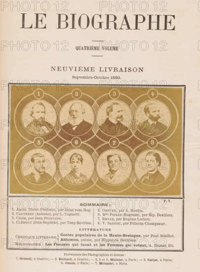 Composite group portrait of eight celebrities, photograph, page, montage photo, number: '1, 8', inscription: 'Sommaire:, A. Dumas fils.', photographer: F. Grumel, Genève, photographer: Richard, photographer: Mulnier, Paris, photographer: Étienne Carjat, photographer: Jean Théodore Jamin, photographer: Achille Mélandri, c. 1875 - in or before 1880, paper, albumen print, height 82 mm x width 130 mm, Person, Victorien Sardou, Henri Gervex, Cham, Henri-Frédéric Amiel, Antoine Carteret, Jean Baptiste Clément, Reyar, Eugénie Pierre, historical persons not known by name, The image shows a faded page with a large title at the top and a grid-like framed section below containing circular portrait photographs arranged in rows and columns; each portrait features a head-and-shoulders view of an individual with varied facial hair and hairstyles, set within decorative circular borders on a colored background.