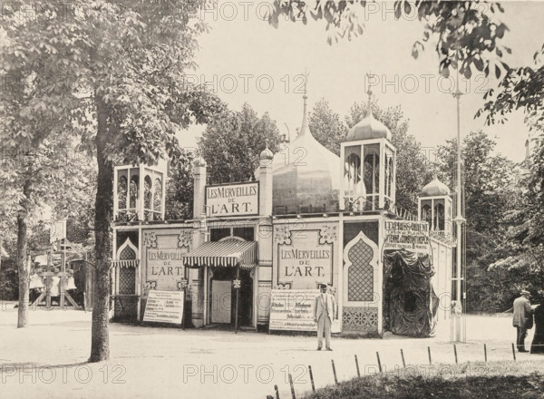 Garden view, Pavilion at the World Exhibition in Antwerp, page, photomechanical print, photographer: Th. Lantin, Antwerp, printer (person): Joseph Maes, 1894, printer (person), paper, collotype, photogravure, height 160 mm x width 218 mm, façade (of house or building), world fair, world exhibition, Wereldtentoonstelling 1894 (Antwerp), A vintage fairground pavilion with ornate domes and turreted towers stands among trees, featuring arched windows, patterned panels, and a striped awning over the entrance; two well-dressed men stand in front and to the side of the building, one facing the camera and the other turned away; a row of low posts lines the foreground edge of a path, and large leafy trees frame the scene on both sides.