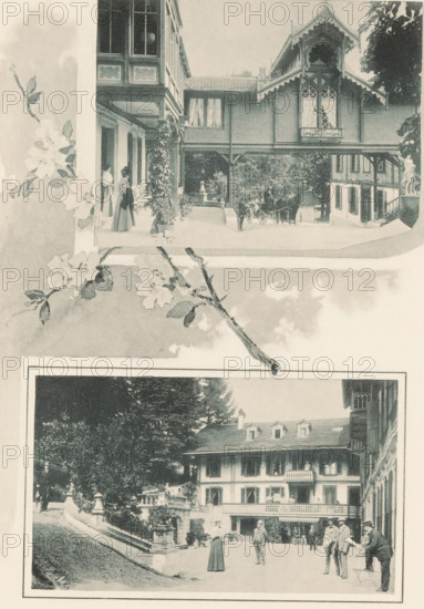Two views of outbuildings with guest accommodation at the baths of Heustrich-les-bains near Spiez, Switzerland, page, photomechanical print, c. 1894 - in or before c. 1899, paper, collotype, photogravure, height 206 mm x width 147 mm, hotel, hostelry, inn, public baths, Spiez, A rotated vintage scene showing two framed photographic panels side by side on a textured background with floral branches overlaid; the left panel depicts a detailed porch or veranda with ornate woodwork, patterned windows, a person standing near the entrance, and foliage in front of the building, while the right panel shows a courtyard in front of a multi-windowed house with people standing and interacting on the paved area, surrounding trees, and decorative railings and planters.