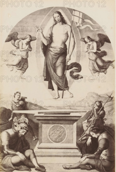 Photo reproduction of an engraving after The Resurrection by Pietro Perugino in the Vatican, photograph, reproduction, page, after print by anonymous, after painting by Pietro Perugino, c. 1863 - in or before c. 1868, photographer, after print by, paper, albumen print, albumendruk, height 198 mm x width 131 mm, Christ, usually holding a banner, arises from the grave, often combined with sleeping and, or frightened soldiers, Vatican City, Vatican Museums, A central robed figure stands barefoot on a raised platform within an almond-shaped mandorla, holding a long staff with a flowing banner and wearing a draped garment around the waist and over one shoulder, flanked by two winged figures in flowing dresses with hands clasped in front of them and wings extended; below the platform a rectangular sarcophagus with a circular panel on its front sits at the center, surrounded by armored figures in seated and kneeling poses, some wearing helmets and armor and holding weapons, one leaning on a s...