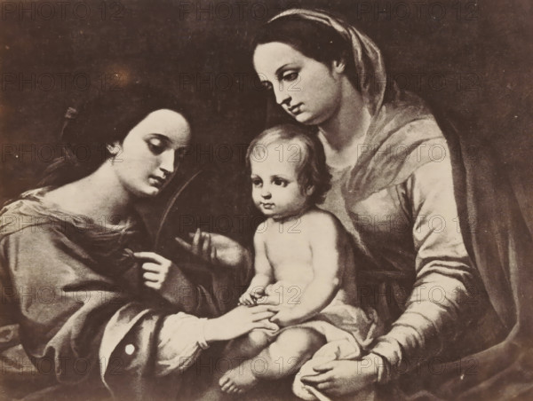 Photo reproduction of an engraving after The Mystical Marriage of Catherine with Christ by Bartolomé Esteban Murillo in the Vatican, photograph, reproduction, page, photographer: anonymous (possibly), after print by anonymous, after painting by Bartolomé Esteban Murillo, c. 1863 - in or before c. 1868, after print by, paper, albumen print, albumendruk, height 133 mm x width 174 mm, the mystic marriage of St. Catherine of Alexandria with the infant Christ: the Christ-child puts a ring on her finger, Vatican City, Vatican Museums, A sepia-toned image shows three figures closely grouped against a dark background. A central infant sits unclothed on a lap with soft curly hair, a round face, and a neutral expression. To the right, an adult wearing a draped headscarf and a flowing robe looks down toward the child, one hand supporting the child and the other resting near the child's legs. To the left, another adult with long hair pulled back and wearing a loose garment leans in, eyes downcast,...